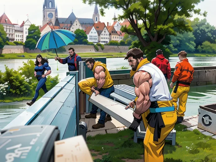 Employees of the Neu-Ulm construction depot install protective walls along the Danube.