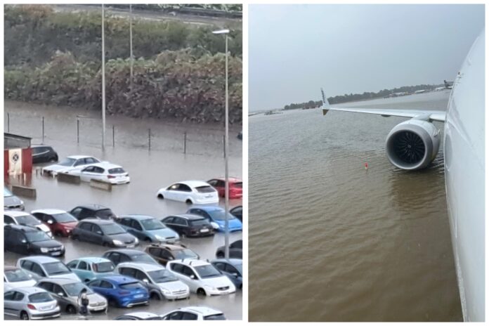 WATCH: Airport chaos in Spain as ALL flights are cancelled, delayed or diverted at major travel hub after runway is submerged under water amid freak storms